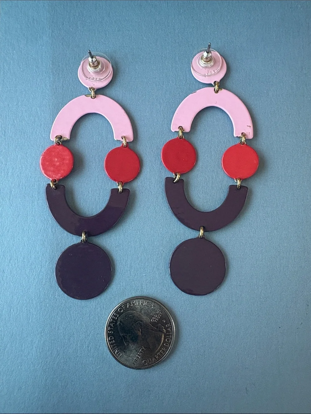 J. Crew Pink, Red & Purple Layered Geometric Drop Earrings